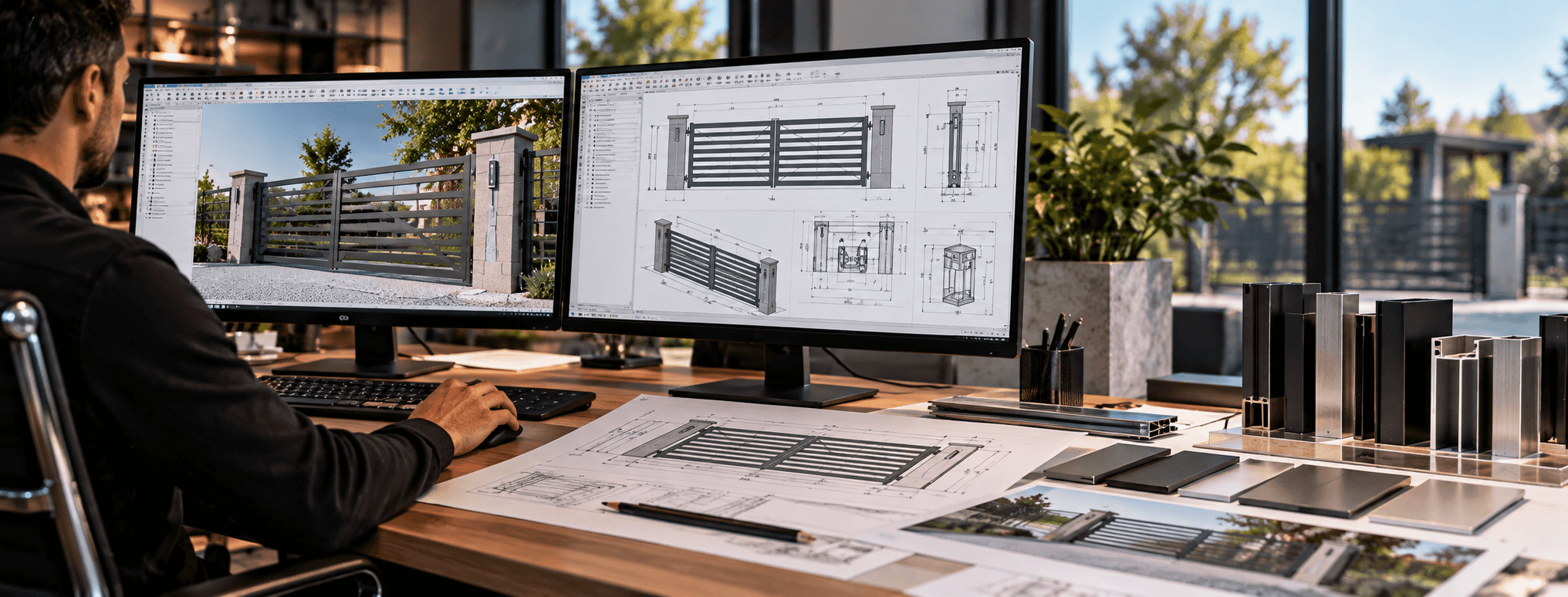 Illustration: CAD workstation with gate drawings